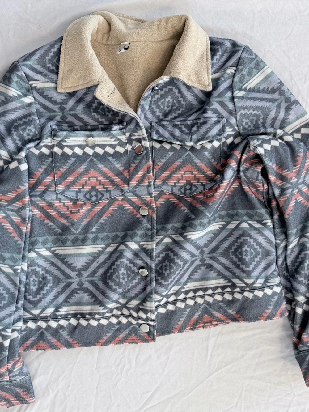 Aztec-Print Sherpa-Lined Jean Jacket in Gray and Coral